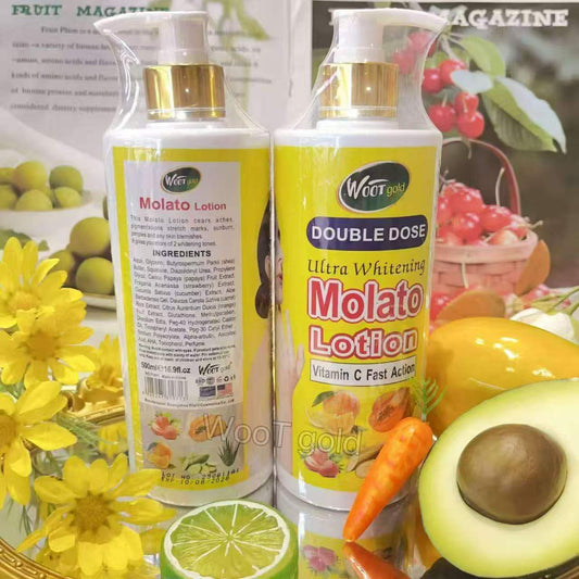 Lait Molato Woot Gold Double Dose – Lait Corporel Ultra Éclaircissant à la Vitamine C | Teint Uniforme, Anti-Taches & Anti-Vergetures (500ml)